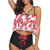 Lovely Print Red Two-piece Swimsuit