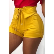 Lovely Trendy Lace-up Yellow Shorts