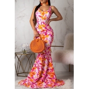 Lovely Trendy Floral Print Rose Red Trailing Dress