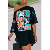 Lovely Casual Print Black Mini Dress