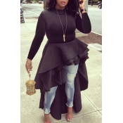 Lovely Trendy Flounce Design Black Plus Size Blous