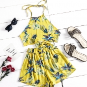 Lovely Bohemian Plants Print Yellow Two-piece Shor