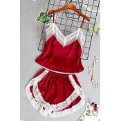 Lovely Sexy Lace Patchwork Wine Red Sleepwear