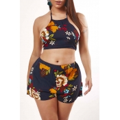 Lovely Trendy Floral Print Dark Blue Two-piece Sho