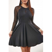 Lovely Trendy O Neck Patchwork Black Dress