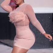 Lovely Sweet Patchwork Pink Mini Plus Size Dress