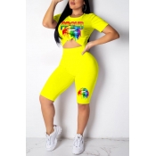 Lovely Casual Print Yellow Two-piece Shorts Set