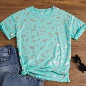 Lovely Casual O Neck Leaf Print Green T-shirt