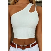 Lovely Leisure One Shoulder Hollow-out White Camis