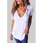 Lovely Leisure O Neck Hollow-out White T-shirt