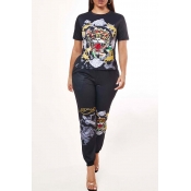 Lovely Casual O Neck Print Black Two-piece Pants S