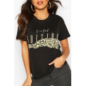 Lovely Casual O Neck Print Black T-shirt