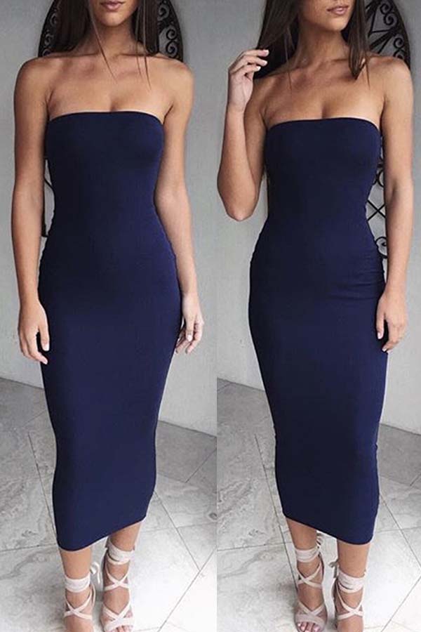 

Lovely Trendy Dew Shoulder Navy Blue Ankle Length Dress