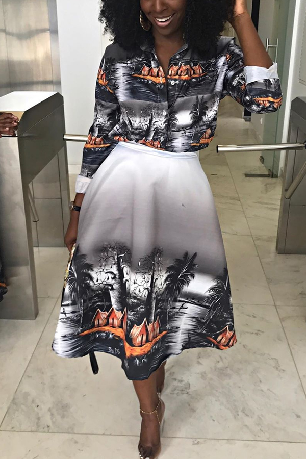 

Lovely Trendy Print Black Two-piece Skirt Set