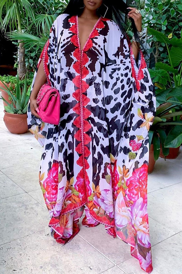 

Lovely Bohemian V Neck Print Multicolor Maxi Dress, Multi
