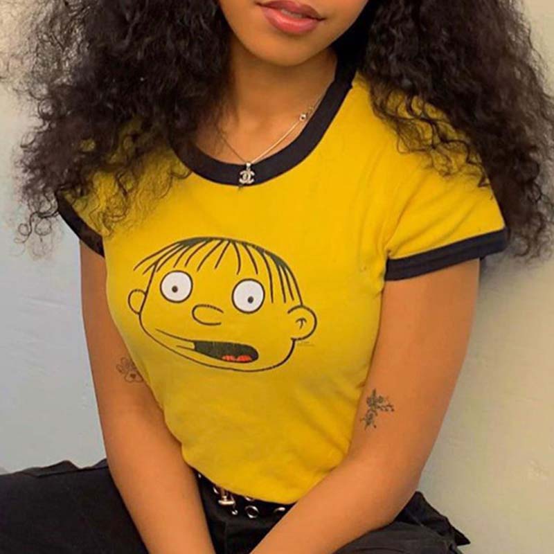 

Lovely Sweet O Neck Cartoon Print Yellow T-shirt