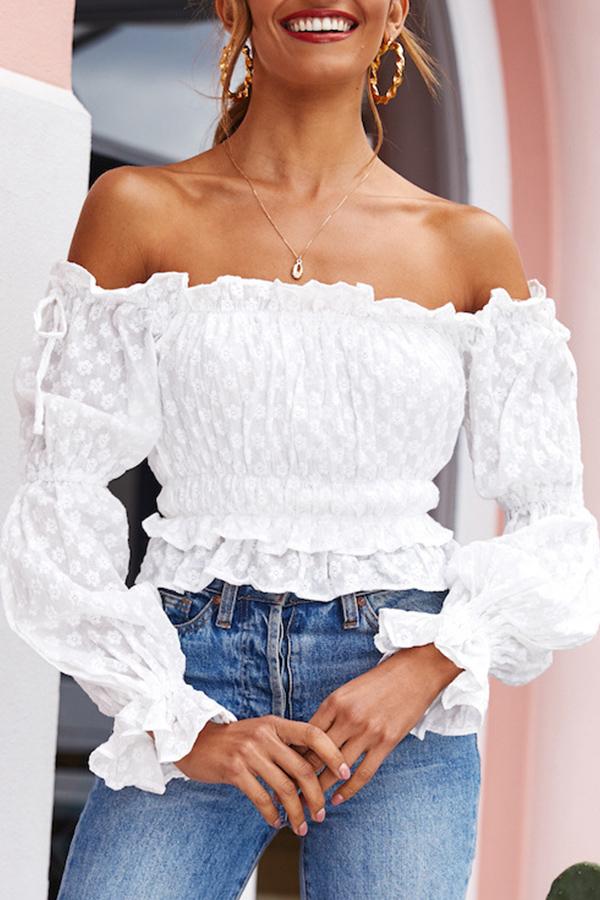 

Lovely Sweet Dew Shoulder Flounce Design White Blouse