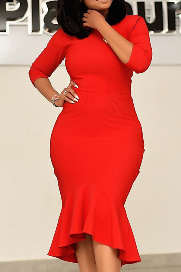 

Lovely Sweet O Neck Flounce Design Red Mid Calf Plus Size Dress