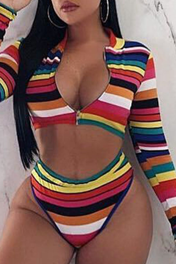 

Lovely Striped Multicolor Two-piece Swimsuit, Multi