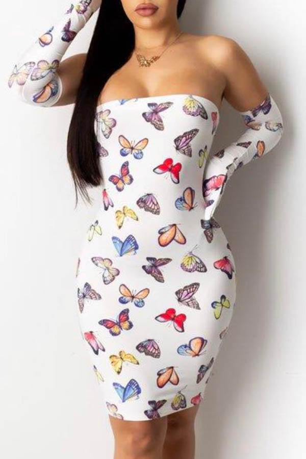 

Lovely Casual Dew Shoulder Print White Knee Length Dress(Without Sleeves