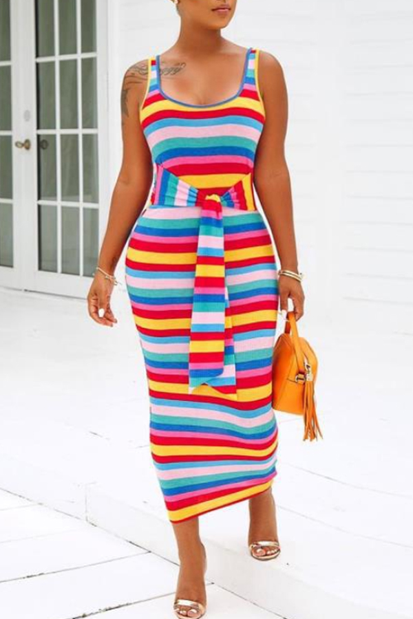 

Lovely Trendy U Neck Striped Blue Ankle Length Dress, Blue stripe