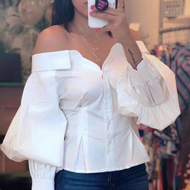 

Lovely Trendy Dew Shoulder Buttons Design White Blouse