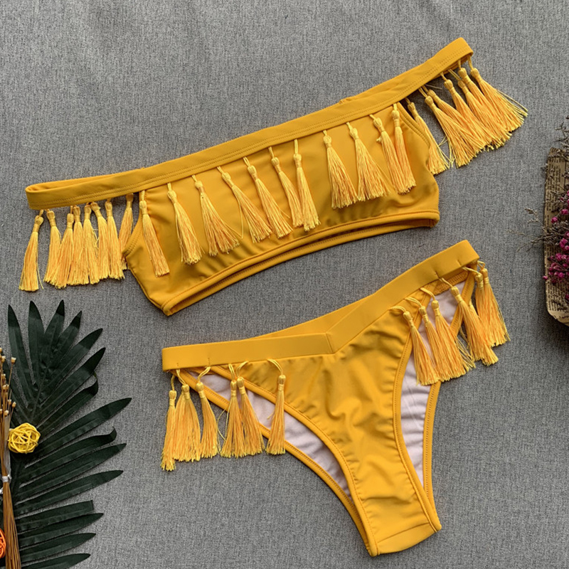 

Lovely Tassel Design Yellow Two-piece Swimsuit