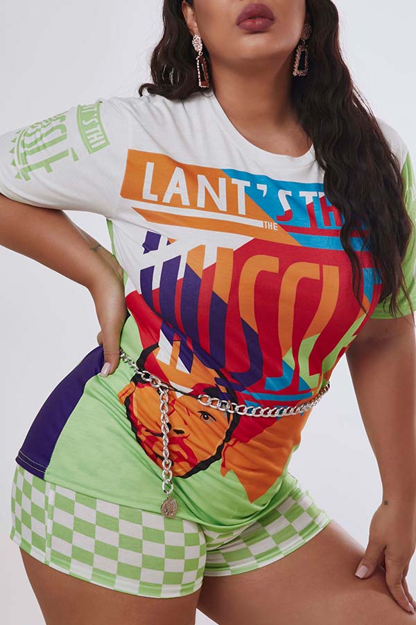 Lovely Casual Print Green Plus Size Two-piece Shorts Set