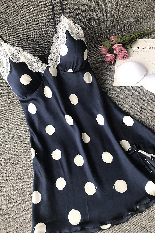 

Lovely Sexy Lace Patchwork Navy Blue Sleepwear