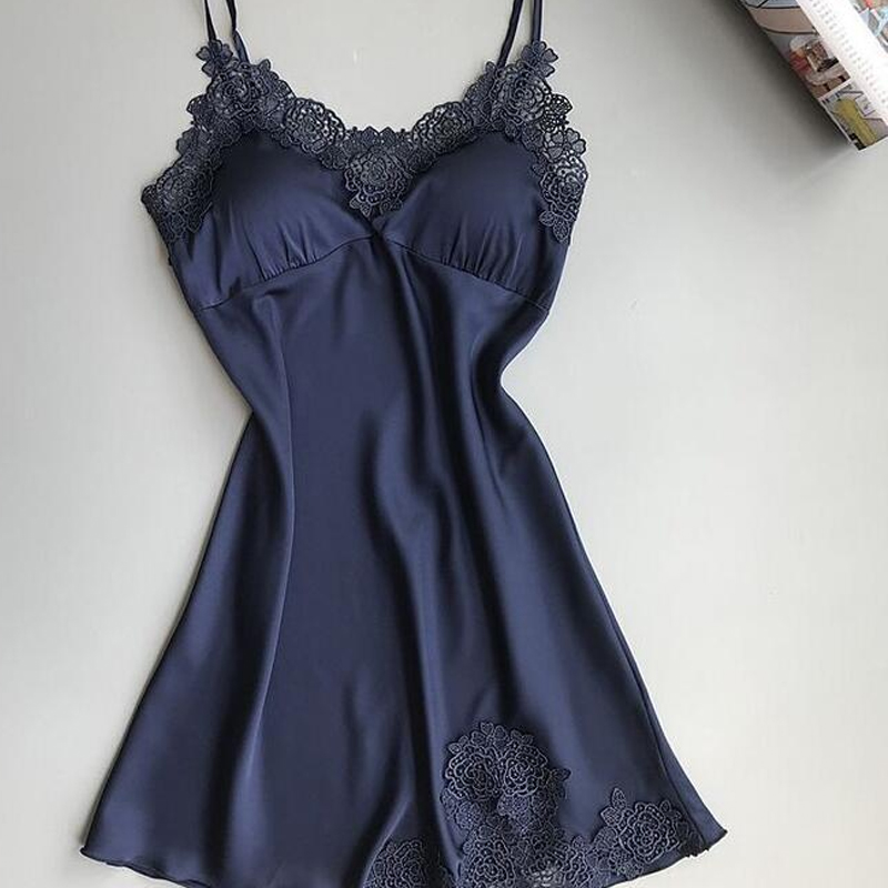 

Lovely Sexy Lace Hem Navy Blue Sleepwear