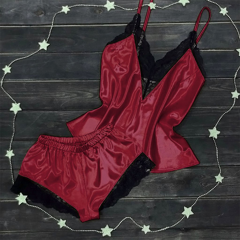 

Lovely Sexy Patchwork Wine Red Sleepwear