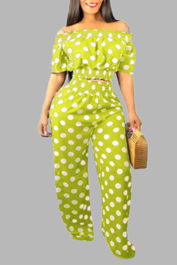 

Lovely Sweet Dot Print Light Green Plus Size Two-piece Pants Set
