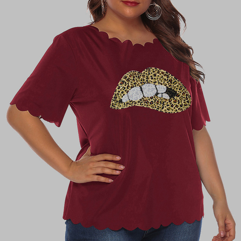 

Lovely Casual O Neck Lip Print Red Plus Size T-shirt