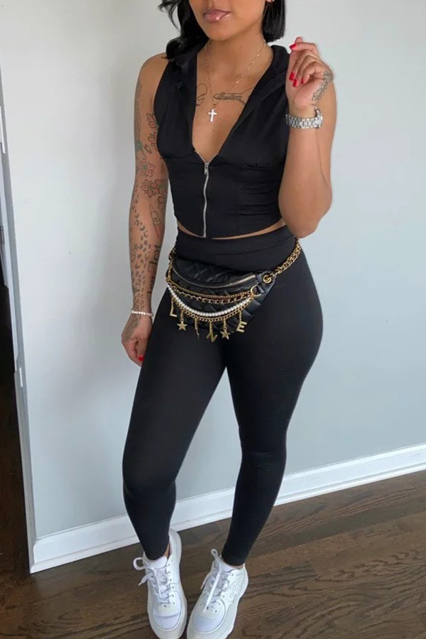 

Lovely Trendy Zipper Design Black Two-piece Pants Set