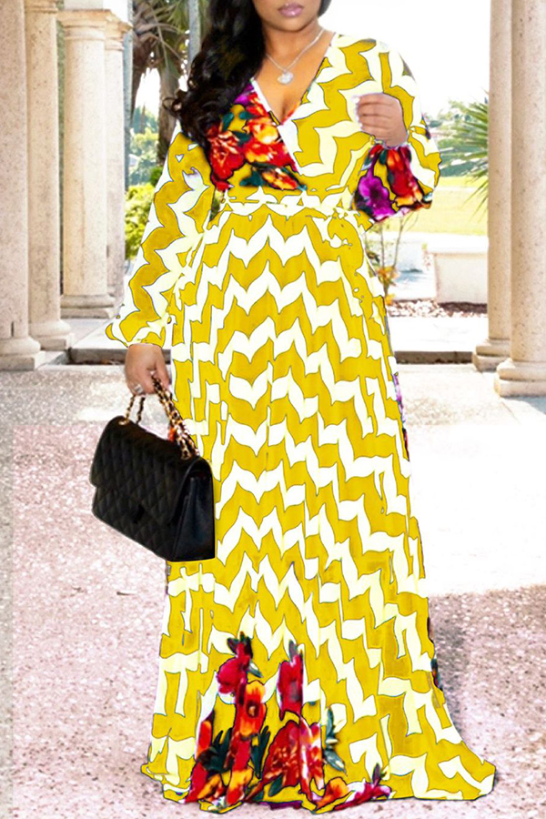 

Lovely Trendy V Neck Print Yellow Maxi Dress