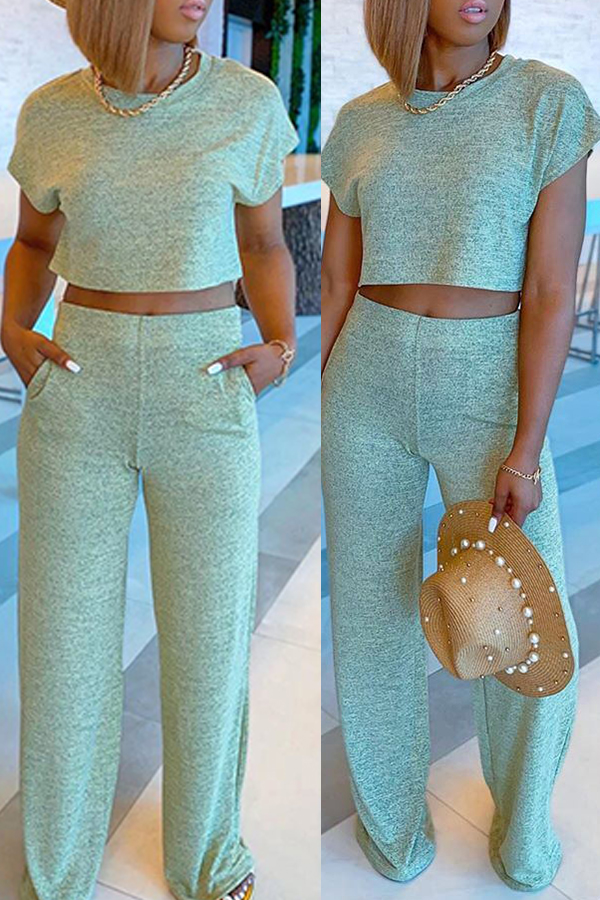 

LW Leisure O Neck Basic Grass Green Two-piece Pants Set