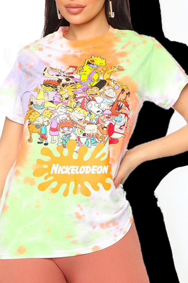 

Lovely Leisure O Neck Cartoon Print Green T-shirt