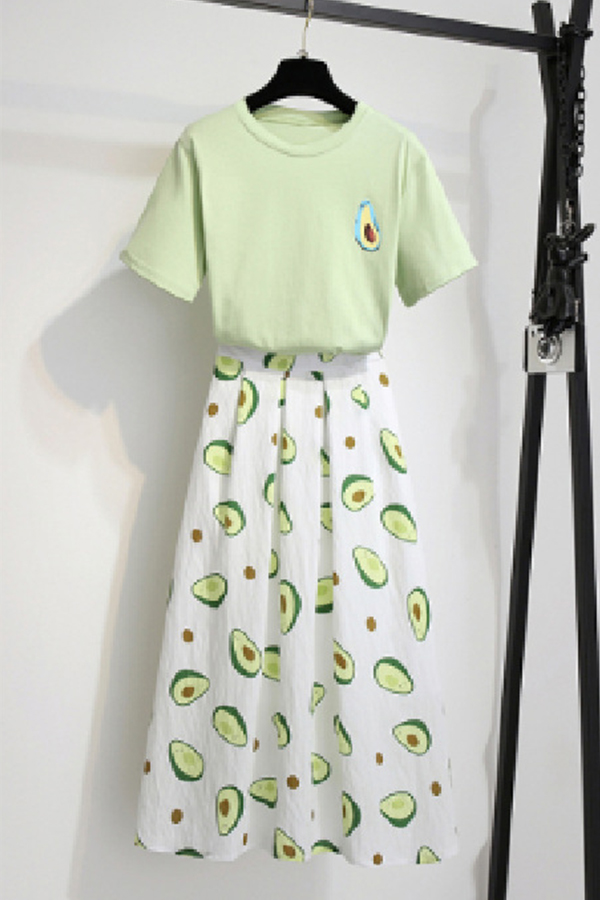 

Lovely Trendy Print Light Green Plus Size Two-piece Skirt Set
