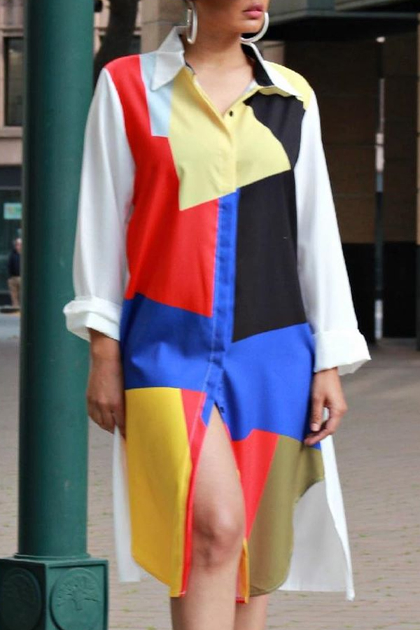 

Lovely Casual Color-lump Patchwork White Knee Length Dress