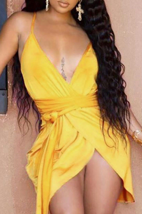 

Lovely Sexy Asymmetrical Yellow Mini Dress