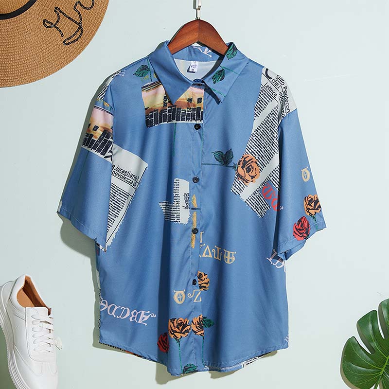 

Lovely Stylish Turndown Collar Print Blue Shirt
