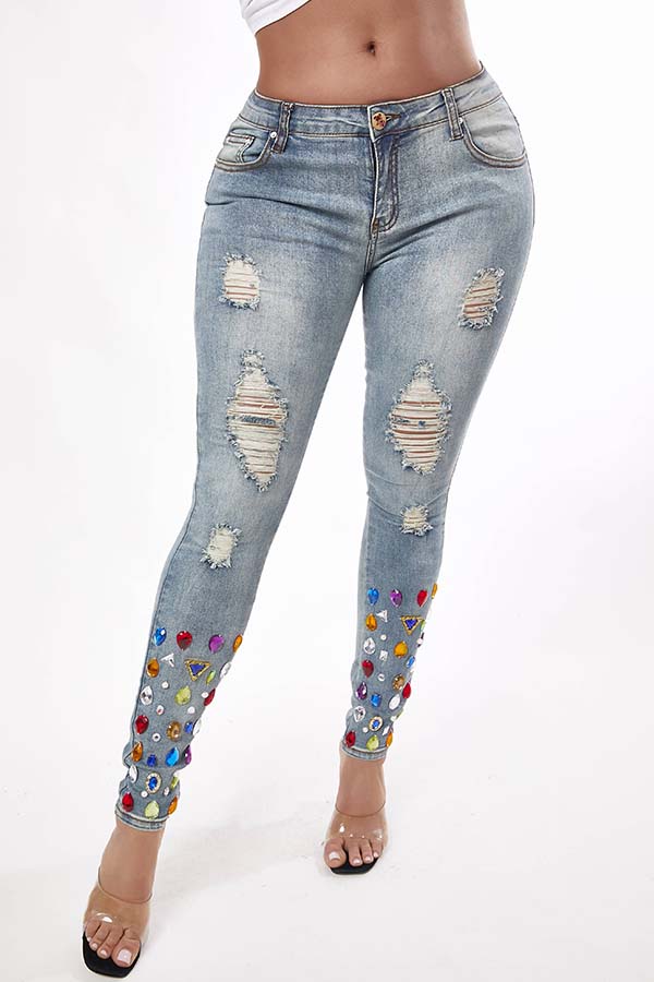 

Lovely Trendy Broken Holes Blue Jeans