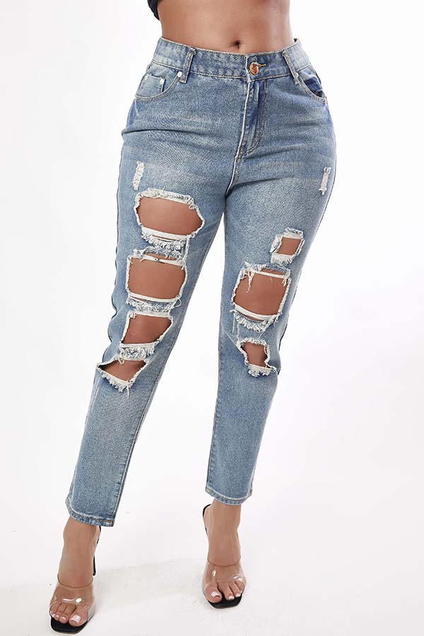 

Lovely Trendy Hollow-out Blue Jeans