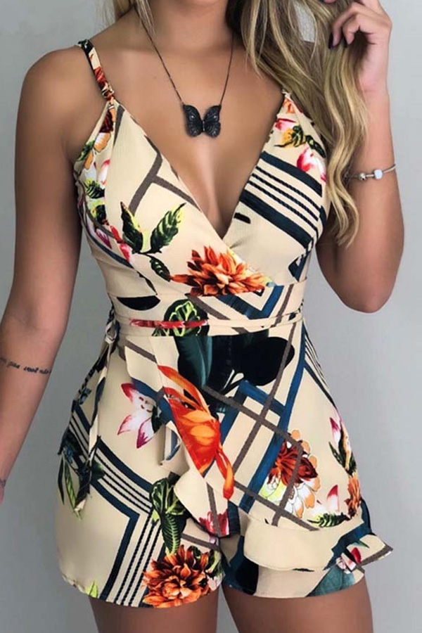 

Lovely Trendy V Neck Print Apricot One-piece Romper