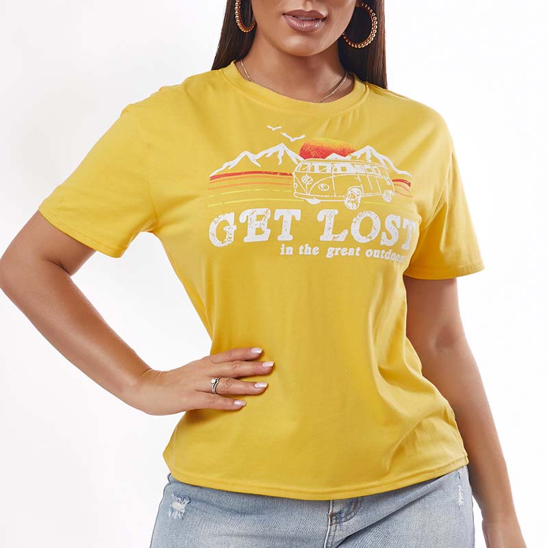 

Lovely Casual O Neck Print Yellow T-shirt