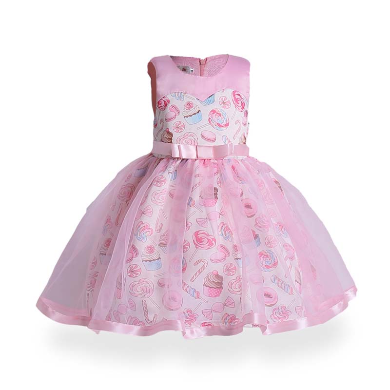 

Lovely Trendy O Neck Print Pink Girl Knee Length Dress