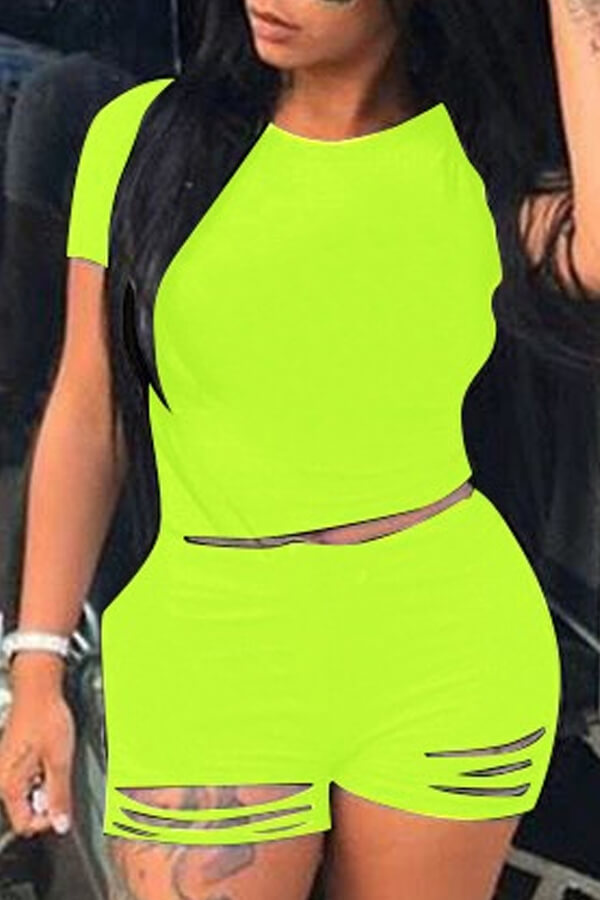 

Lovely Trendy Hollow-out Green Plus Size Two-piece Shorts Set