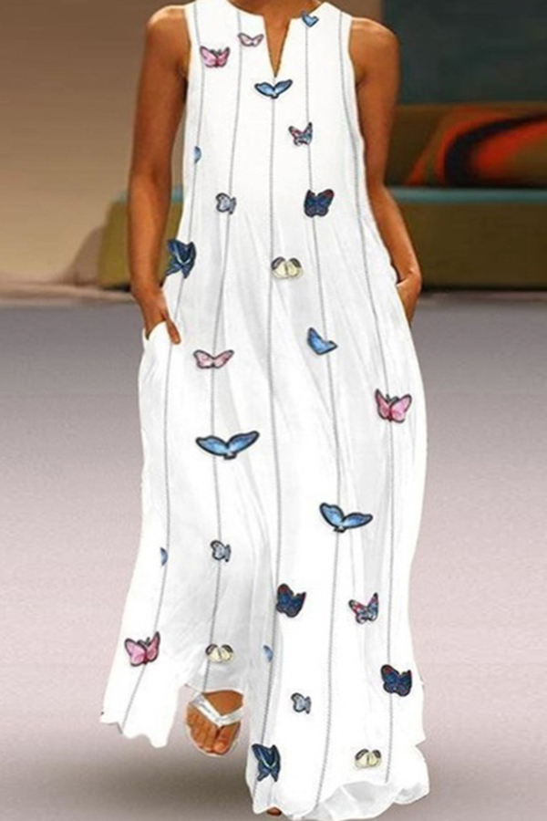 

Lovely Plus Size Trendy Butterfly Print White Maxi Dress