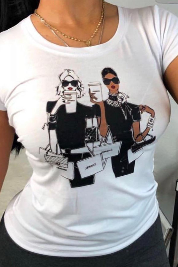

Lovely Casual O Neck Cartoon Print White T-shirt
