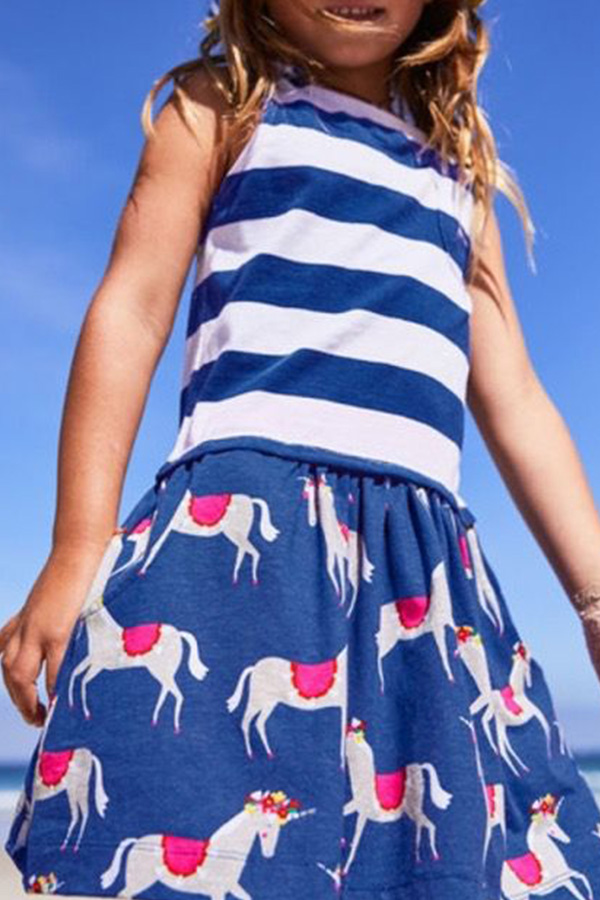 

Lovely Sweet Striped Blue Girl Knee Length Dress